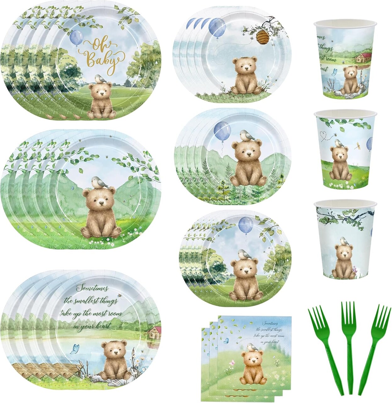 150pcs Bear Baby Shower Table Decorations Plates Napkins (Boys)